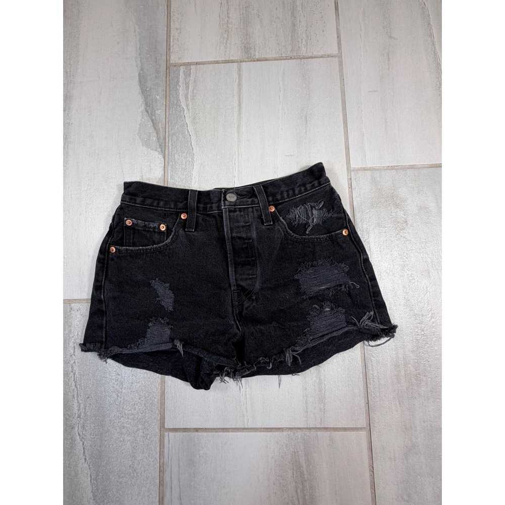 Levis Premium 501 Original Distressed Denim Shorts Washed Black 25 High Rise